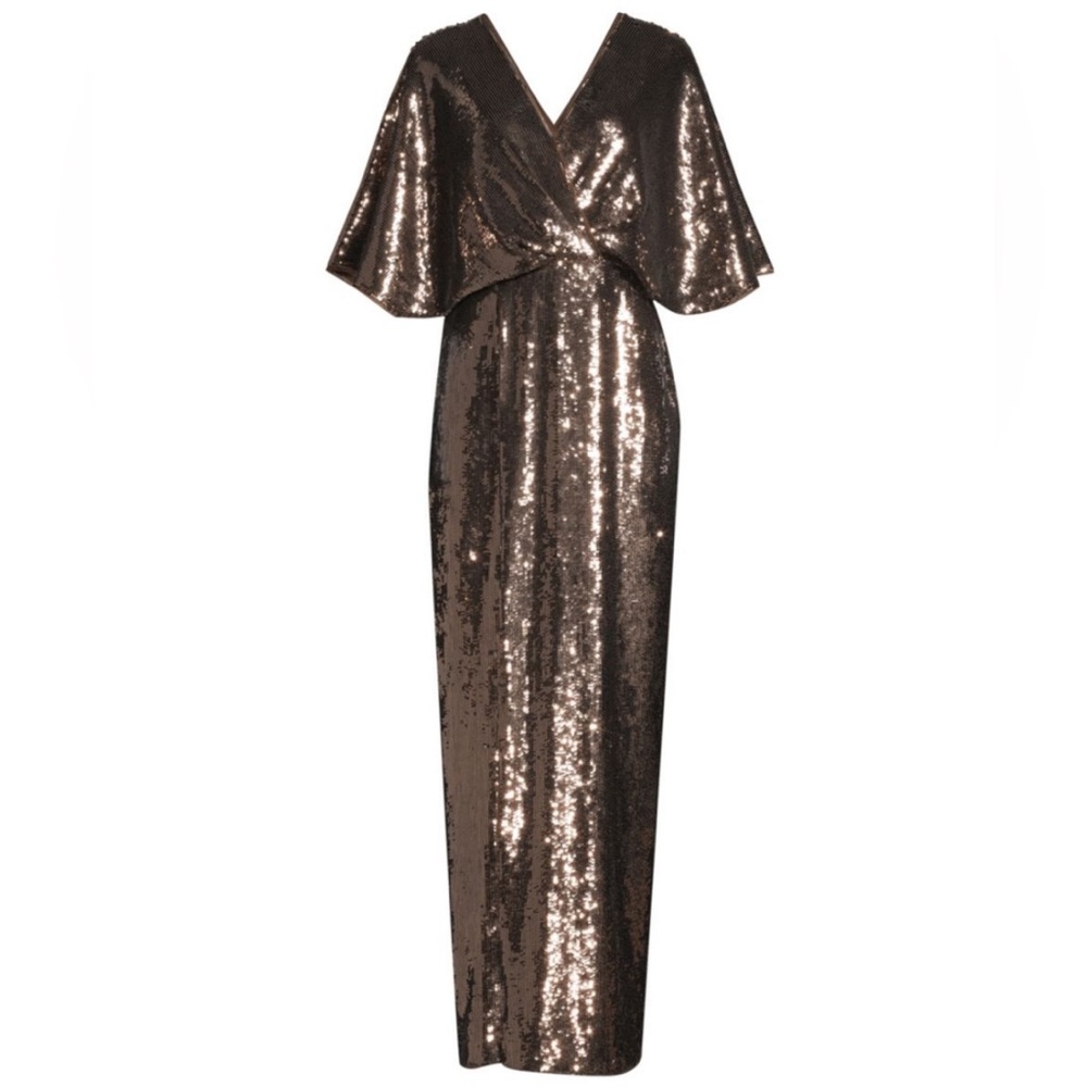 AIDAN MATTOX Bronze Sequin 3/4 Sleeve Long Dress Gown